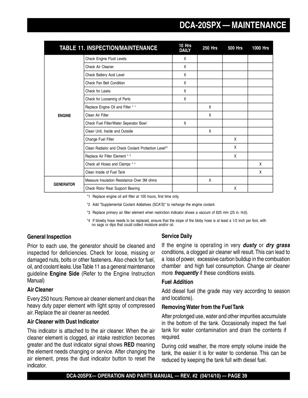 Multiquip operation manual DCA-20SPX Maintenance 