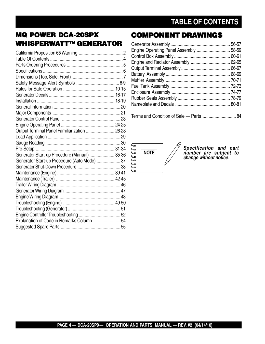 Multiquip DCA-20SPX operation manual Table of Contents 