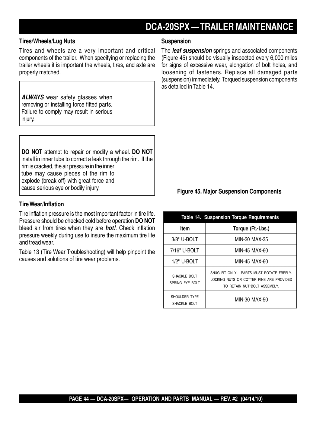 Multiquip DCA-20SPX operation manual Tires/Wheels/Lug Nuts, TireWear/Inflation, Suspension 