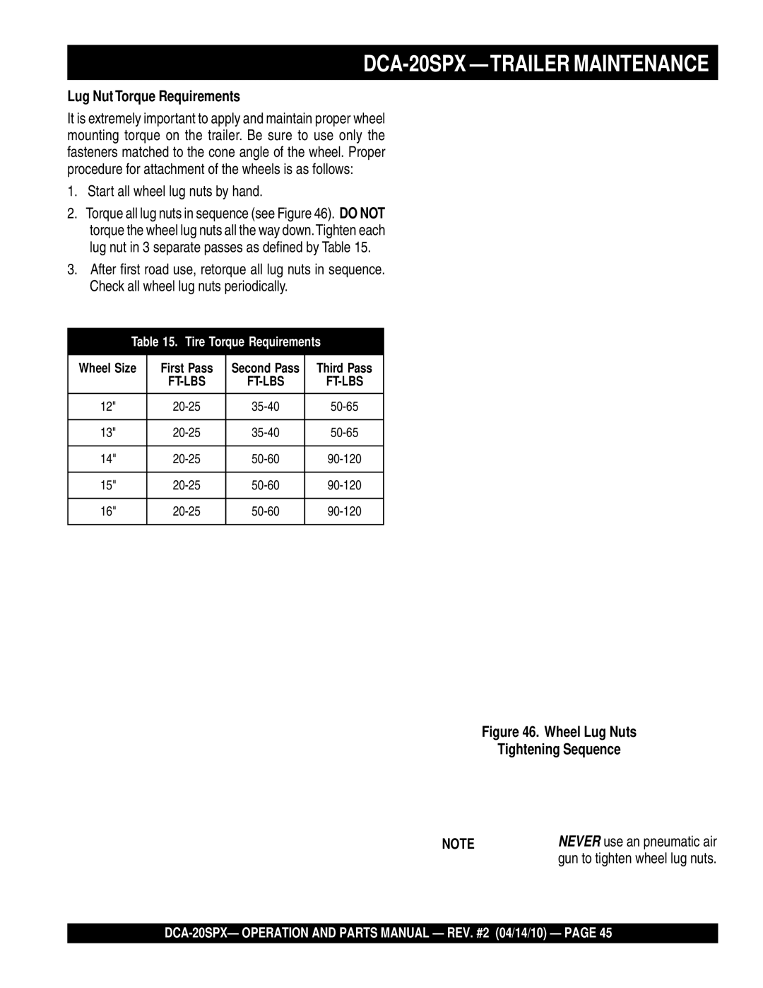 Multiquip DCA-20SPX operation manual Lug Nut Torque Requirements, Start all wheel lug nuts by hand 