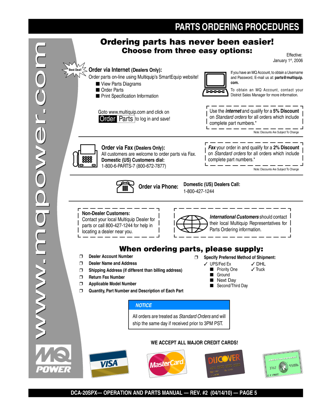 Multiquip DCA-20SPX operation manual Parts Ordering Procedures, Ordering parts has never been easier 