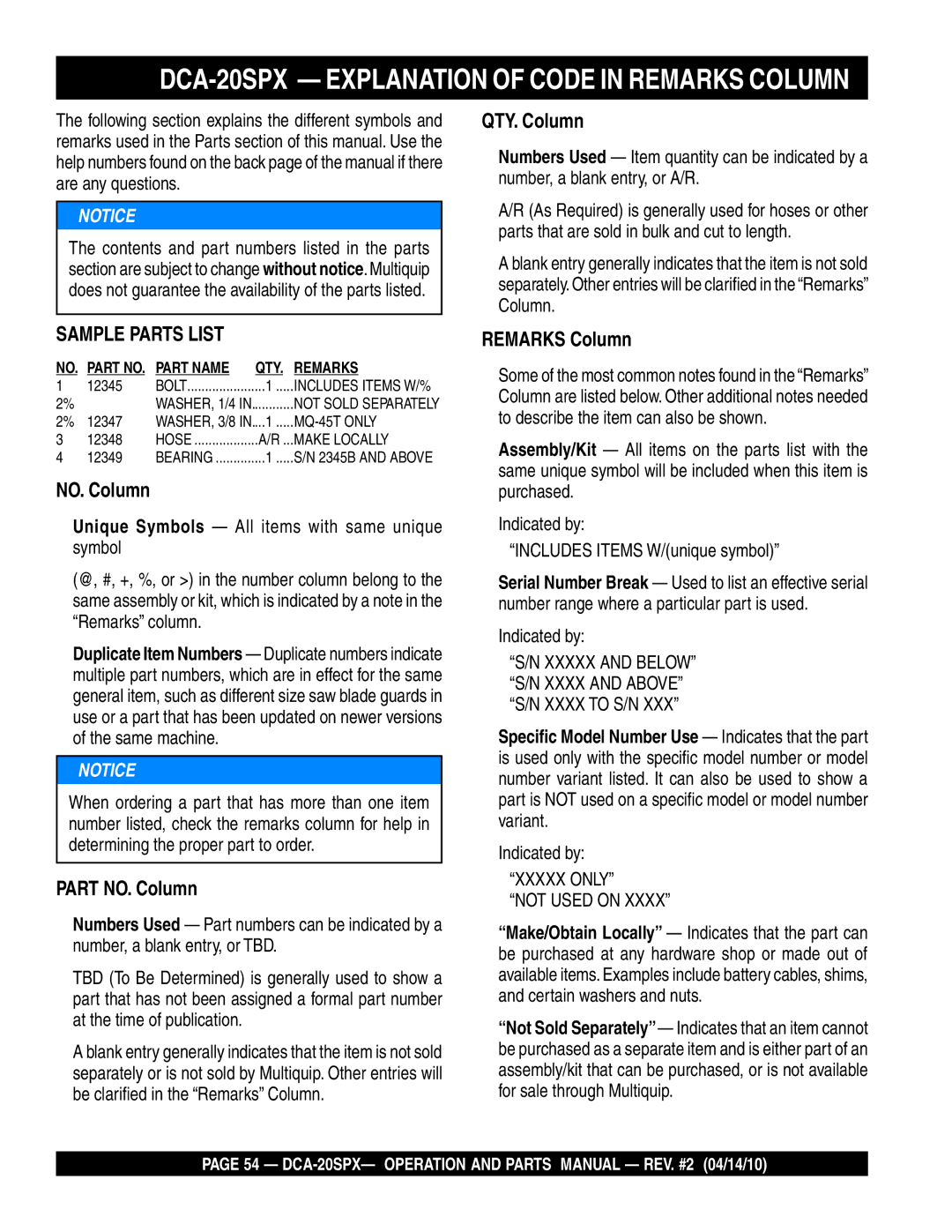 Multiquip operation manual DCA-20SPX Explanation of Code in Remarks Column, QTY. Column 