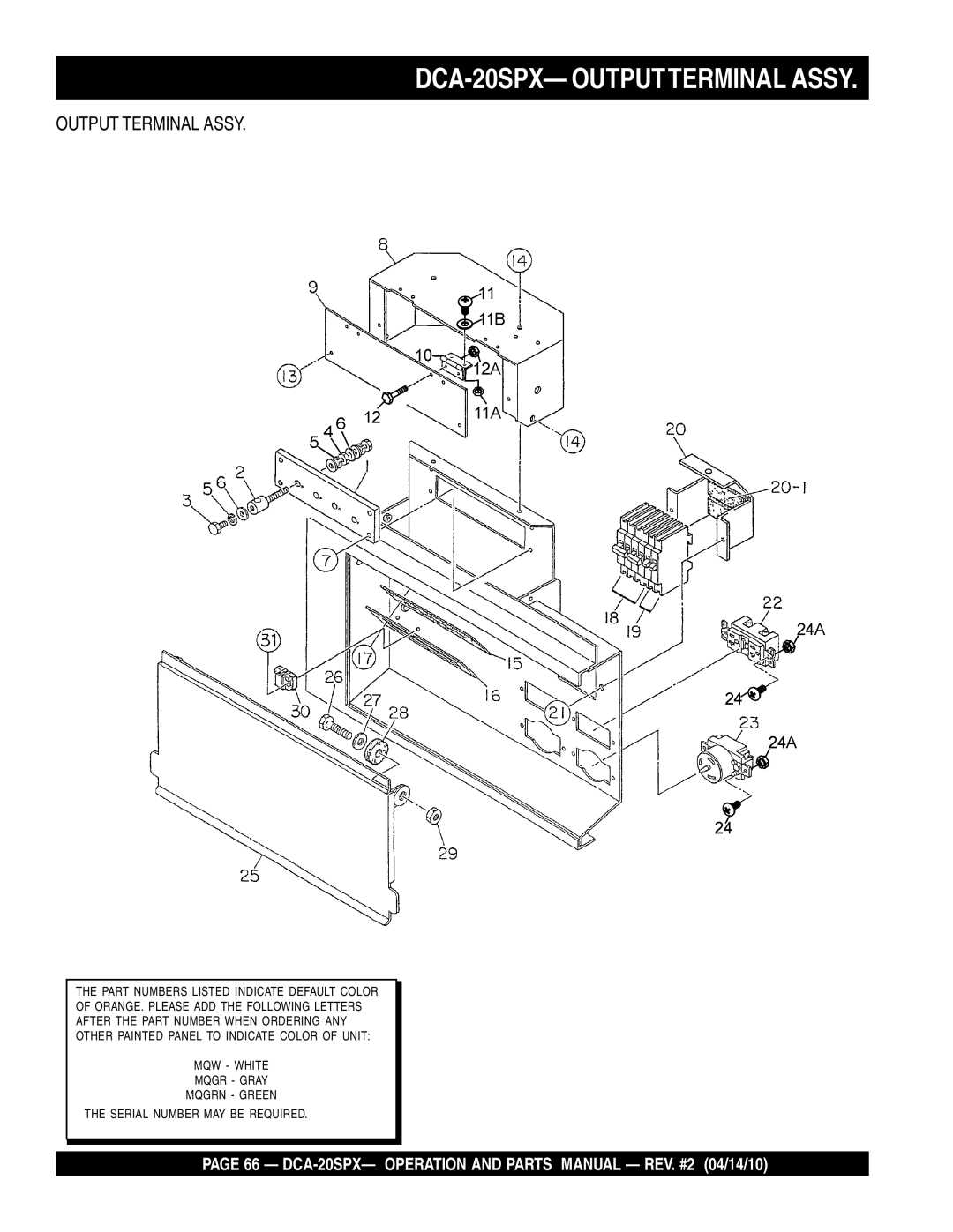 Multiquip operation manual DCA-20SPX- Outputterminal Assy, Output Terminal Assy 