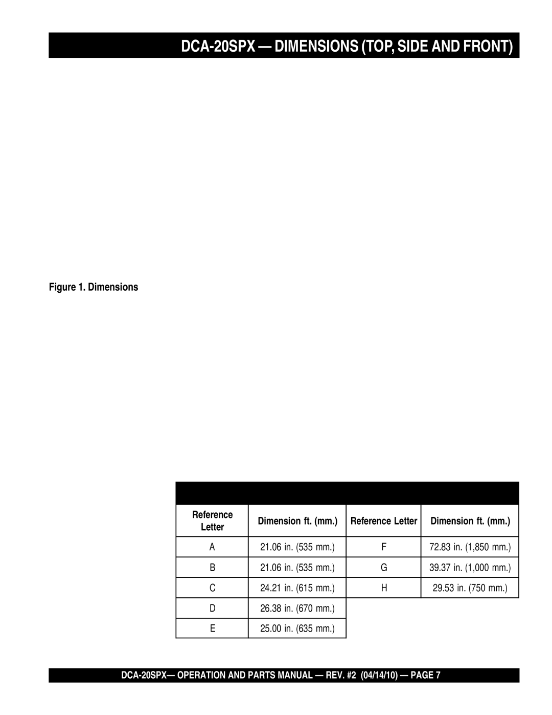 Multiquip operation manual DCA-20SPX Dimensions TOP, Side and Front 