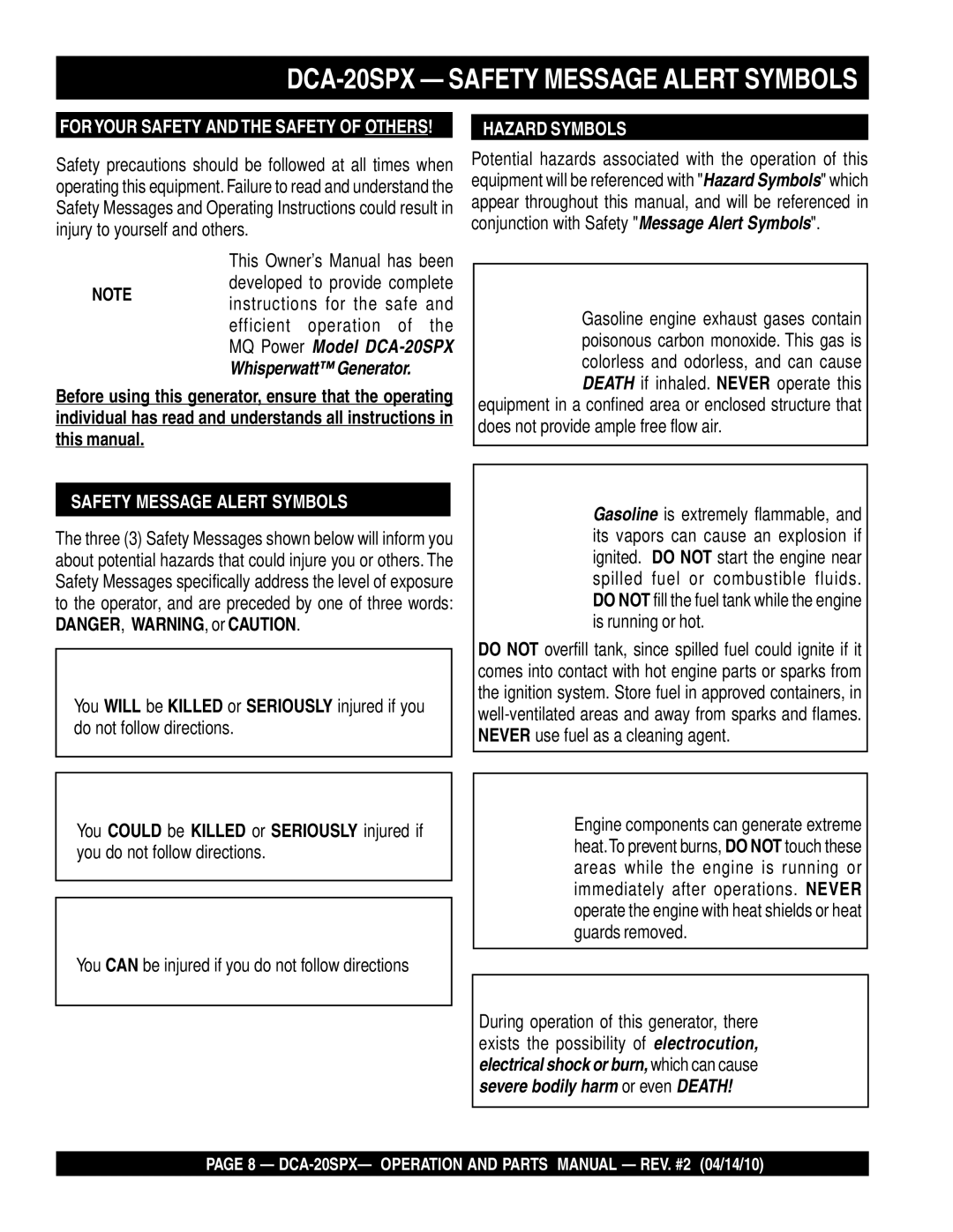 Multiquip operation manual DCA-20SPX Safety Message Alert Symbols, Hazard Symbols 