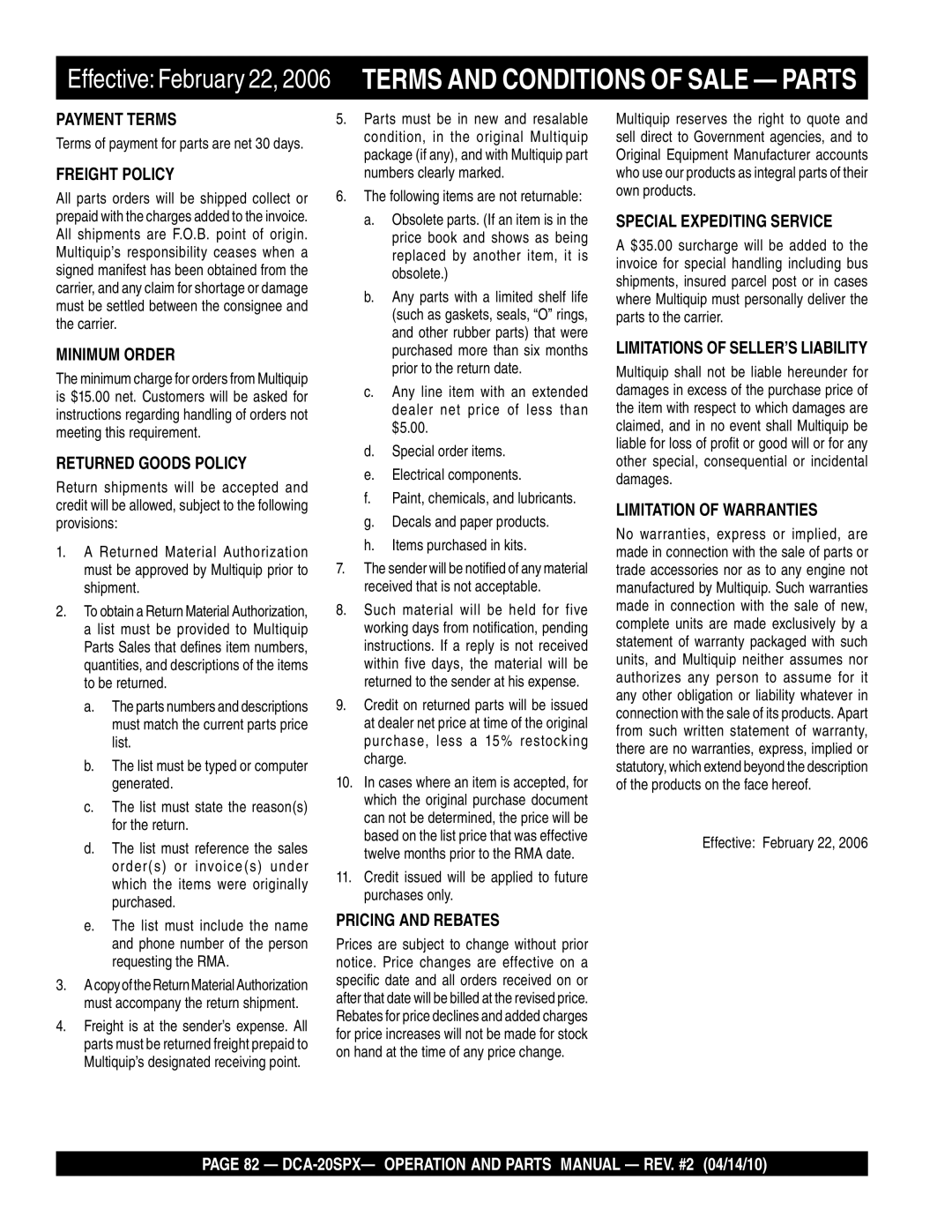 Multiquip operation manual DCA-20SPX- Operation and Parts Manual REV. #2 04/14/10 