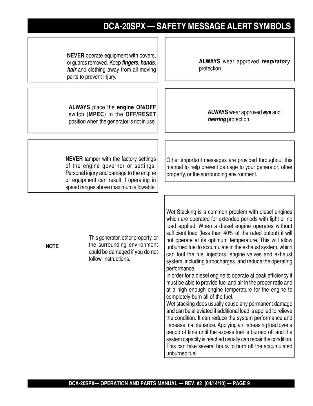 Multiquip operation manual DCA-20SPX Safety Message Alert Symbols 