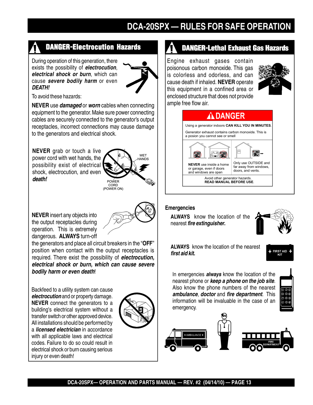 Multiquip DANGER-Electrocution Hazards, DANGER-Lethal Exhaust Gas Hazards, DCA-20SPX - RULES FOR SAFE OPERATION, Danger 