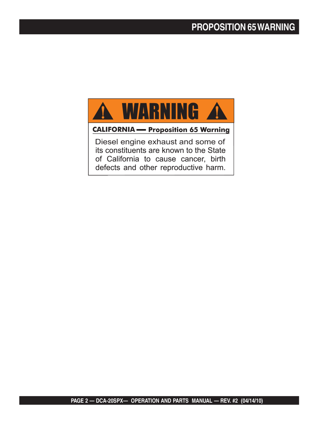 Multiquip DCA-20SPX operation manual PROPOSITION 65WARNING, Diesel engine exhaust and some of 