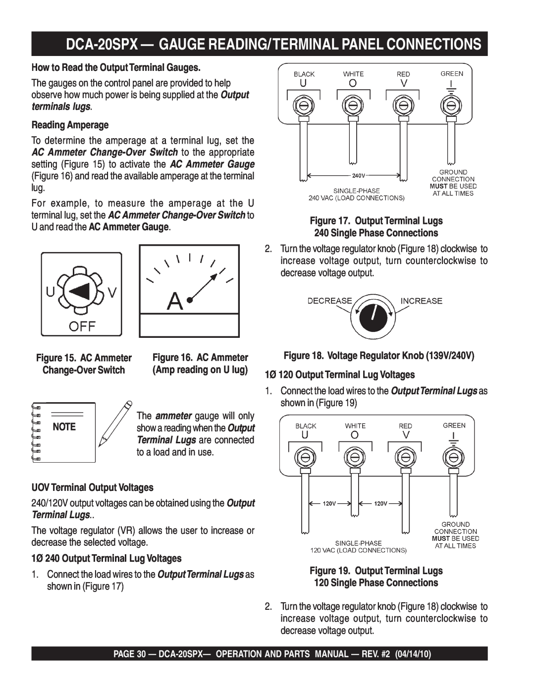 Multiquip operation manual DCA-20SPX - GAUGE READING/TERMINAL PANEL CONNECTIONS, How to Read the Output Terminal Gauges 