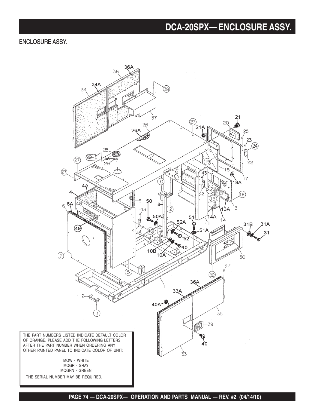Multiquip operation manual DCA-20SPX- ENCLOSURE ASSY, PAGE 74 - DCA-20SPX- OPERATION AND PARTS MANUAL - REV. #2 04/14/10 