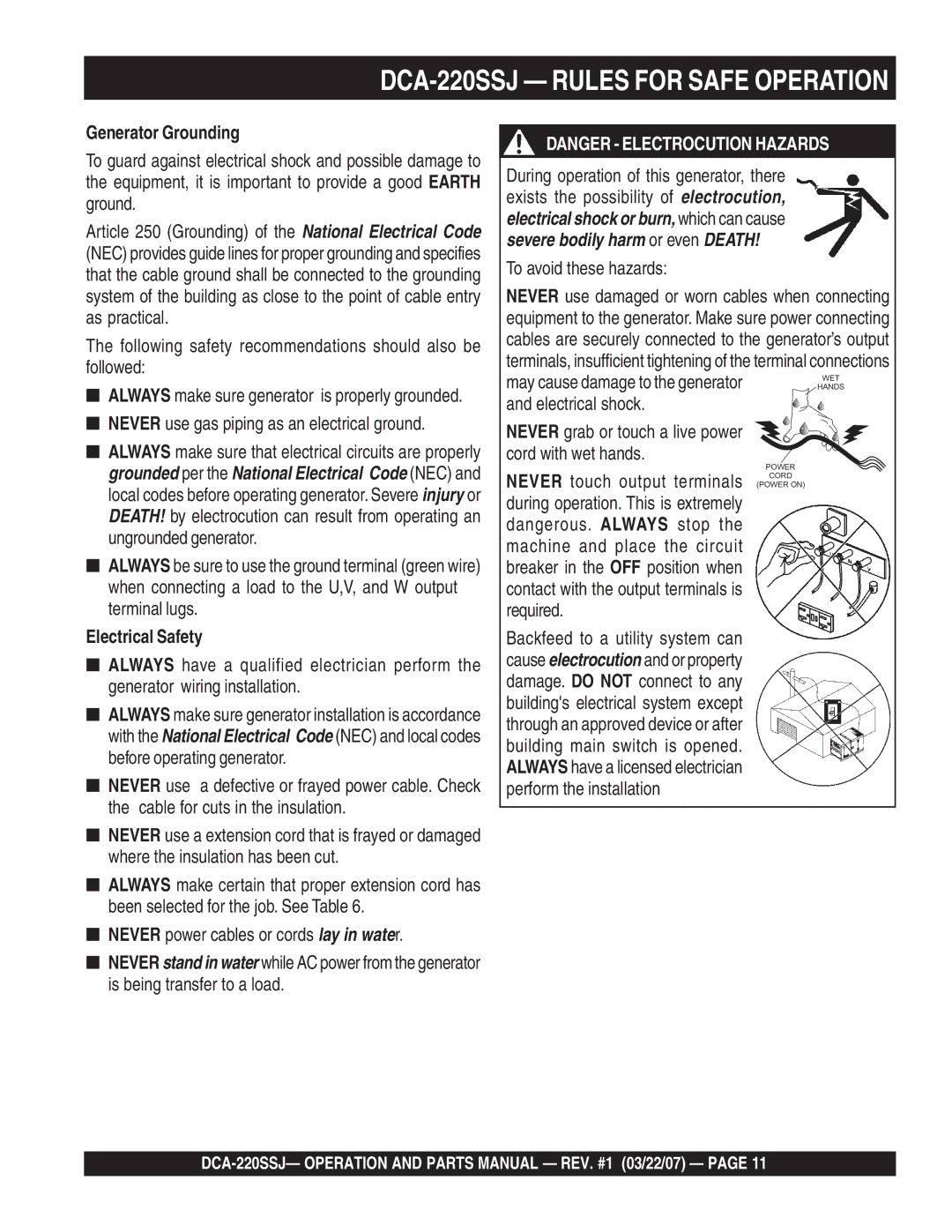 Multiquip operation manual DCA-220SSJ Rules for Safe Operation, Generator Grounding, Electrical Safety 