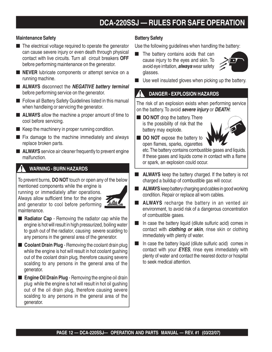 Multiquip DCA-220SSJ operation manual Maintenance Safety, Battery Safety 