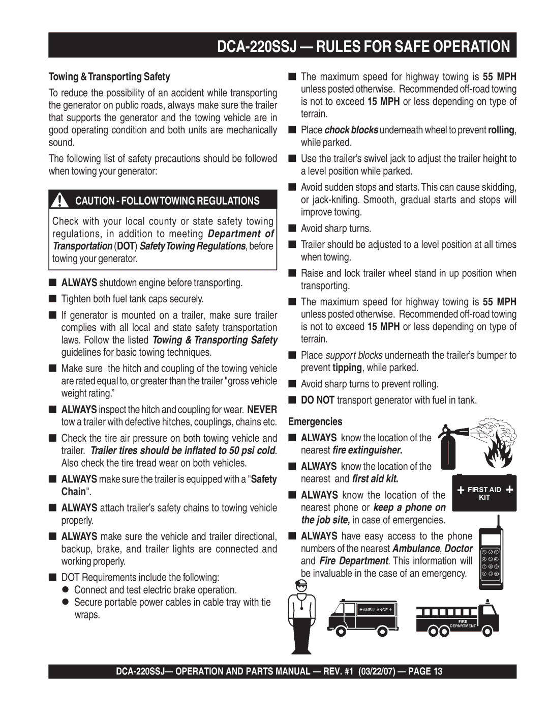 Multiquip DCA-220SSJ operation manual Towing &Transporting Safety, Emergencies 