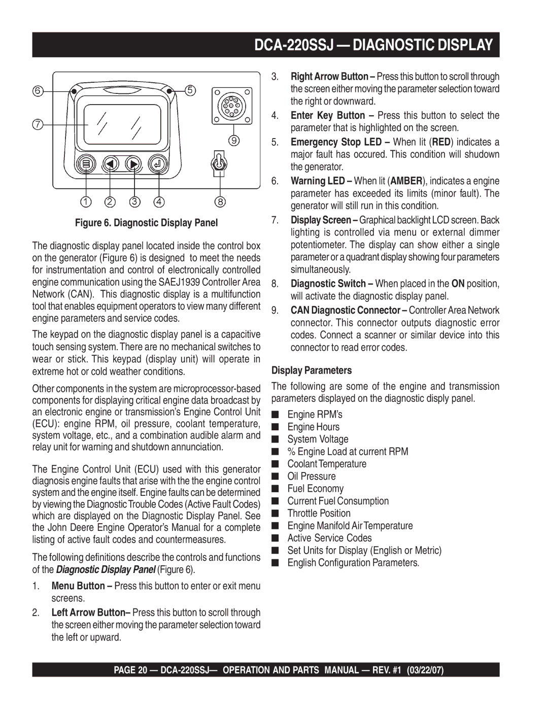 Multiquip DCA-220SSJ operation manual Menu Button Press this button to enter or exit menu screens, Display Parameters 