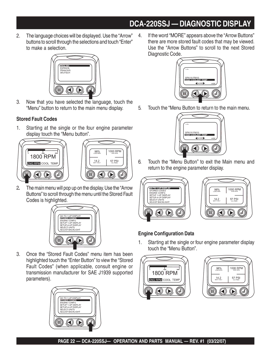 Multiquip DCA-220SSJ operation manual To make a selection, Diagnostic Code, Stored Fault Codes, Engine Configuration Data 