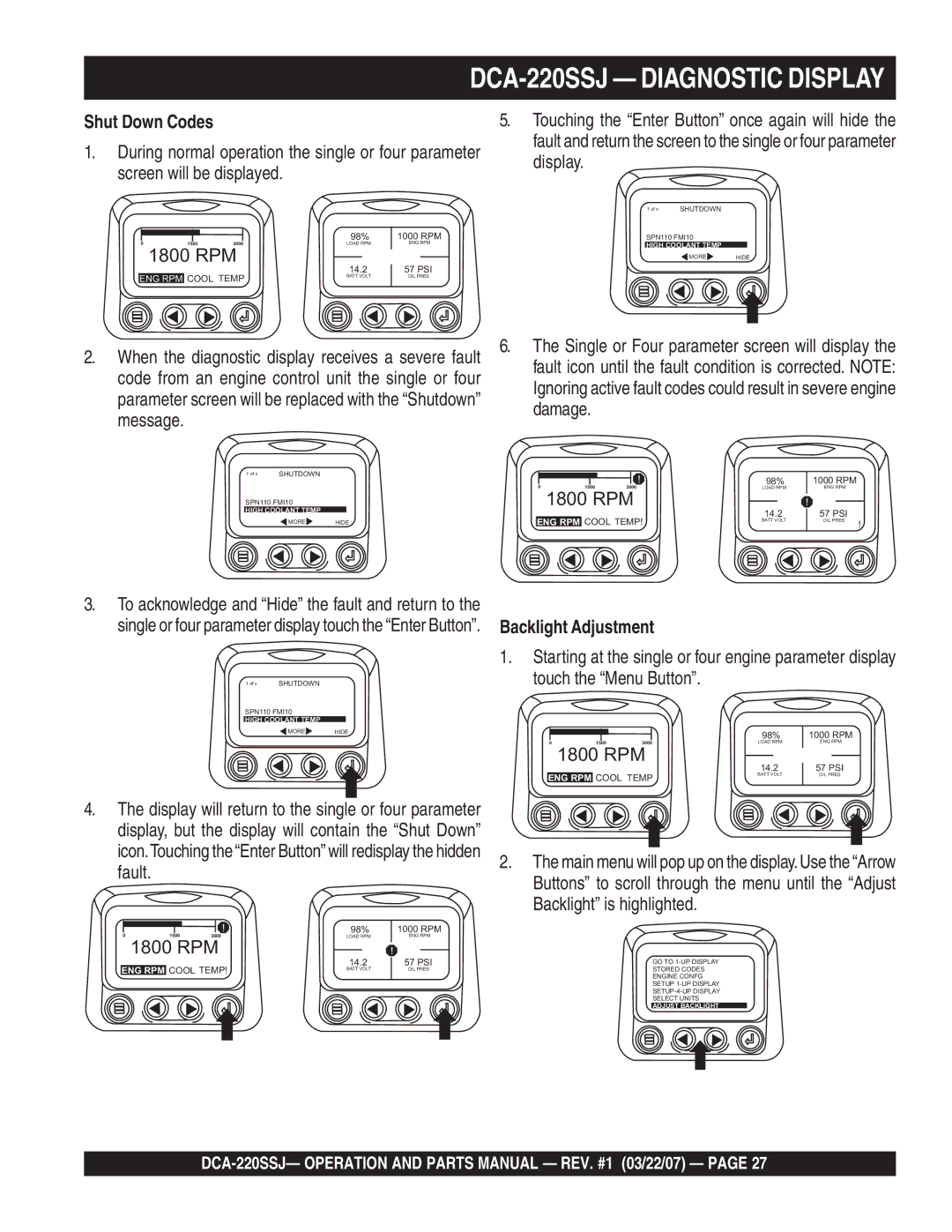 Multiquip DCA-220SSJ operation manual Shut Down Codes, Code from an engine control unit the single or four, Damage, Message 