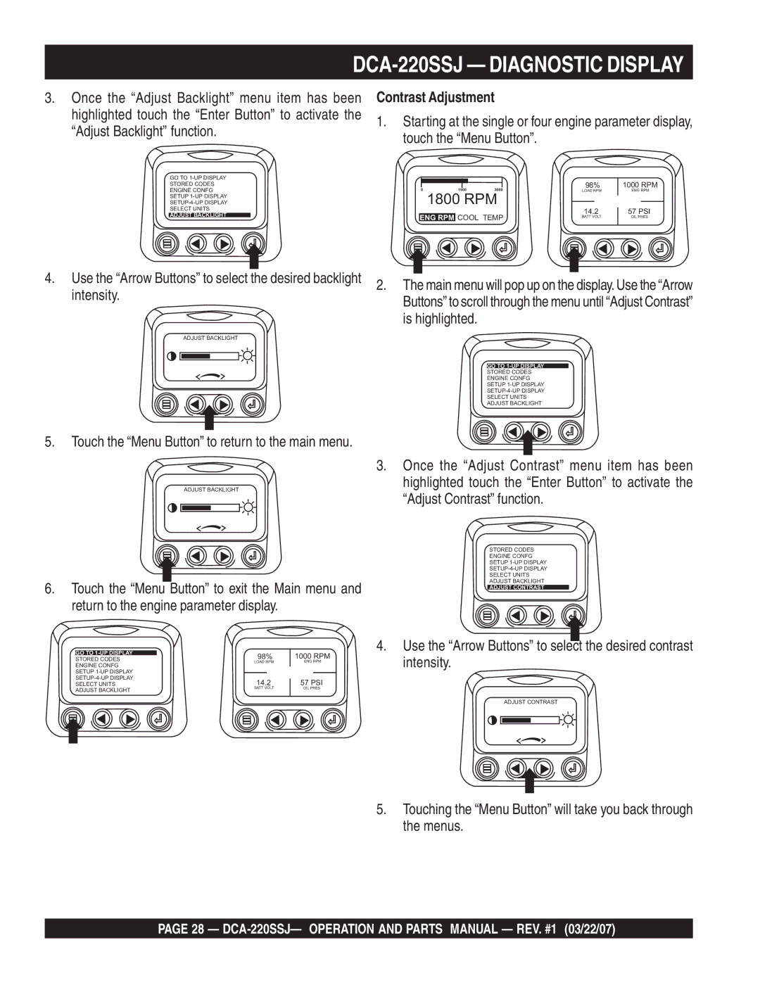 Multiquip DCA-220SSJ operation manual Contrast Adjustment, Intensity, Is highlighted 