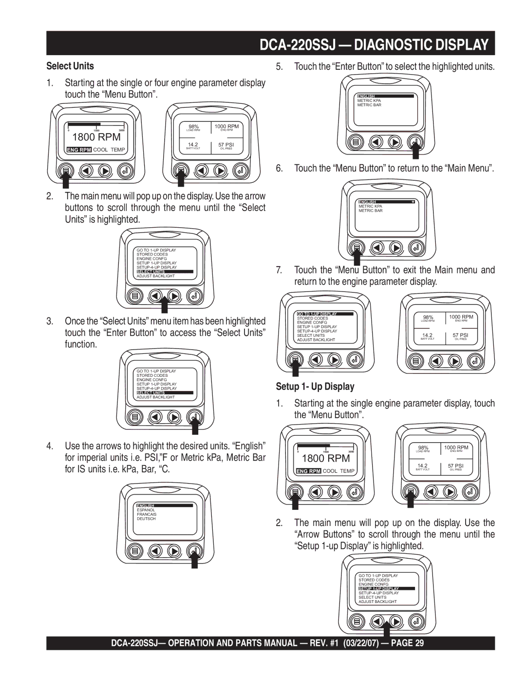 Multiquip DCA-220SSJ operation manual Select Units, Setup 1- Up Display 