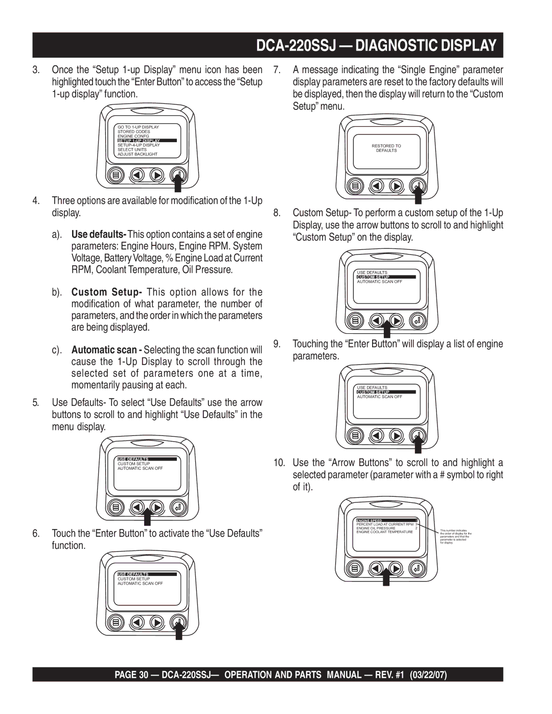 Multiquip DCA-220SSJ operation manual Once the Setup 1-up Display menu icon has been, Up display function, Setup menu 