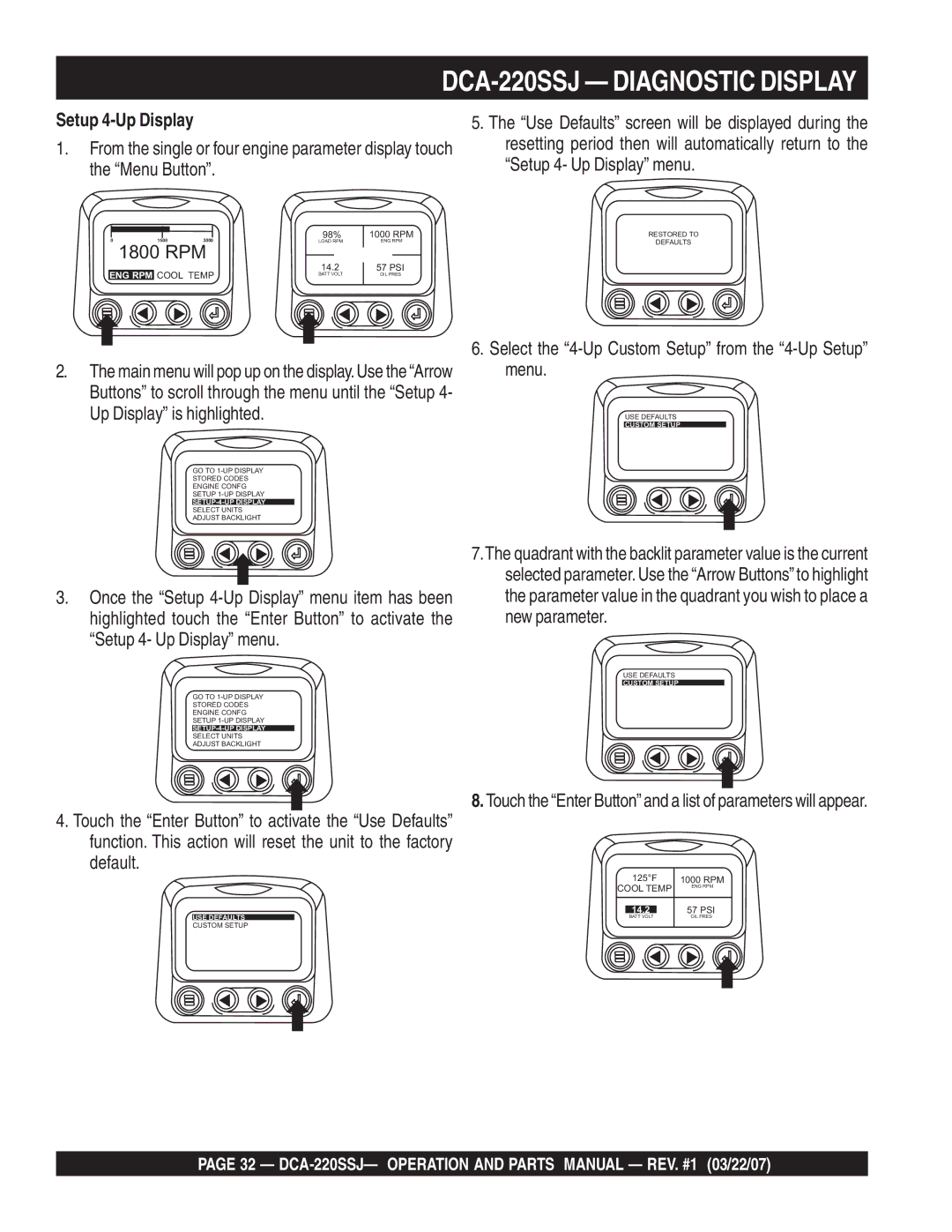 Multiquip DCA-220SSJ operation manual Setup 4-Up Display, Select the 4-Up Custom Setup from the 4-Up Setup menu 