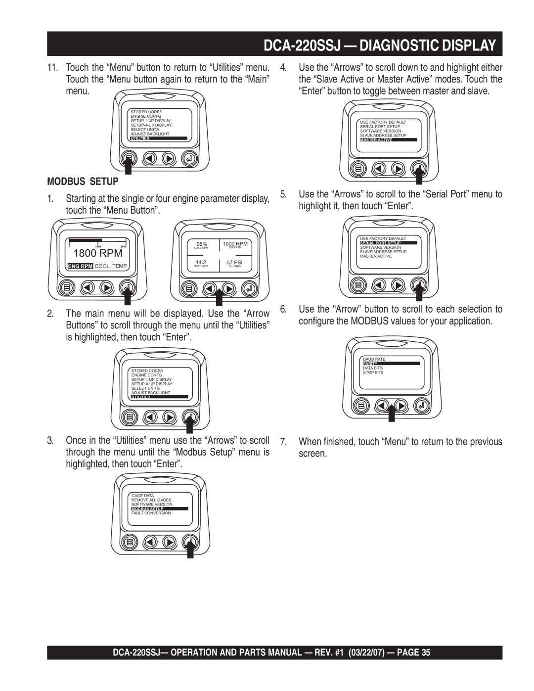 Multiquip DCA-220SSJ operation manual Touch the Menu button again to return to the Main 