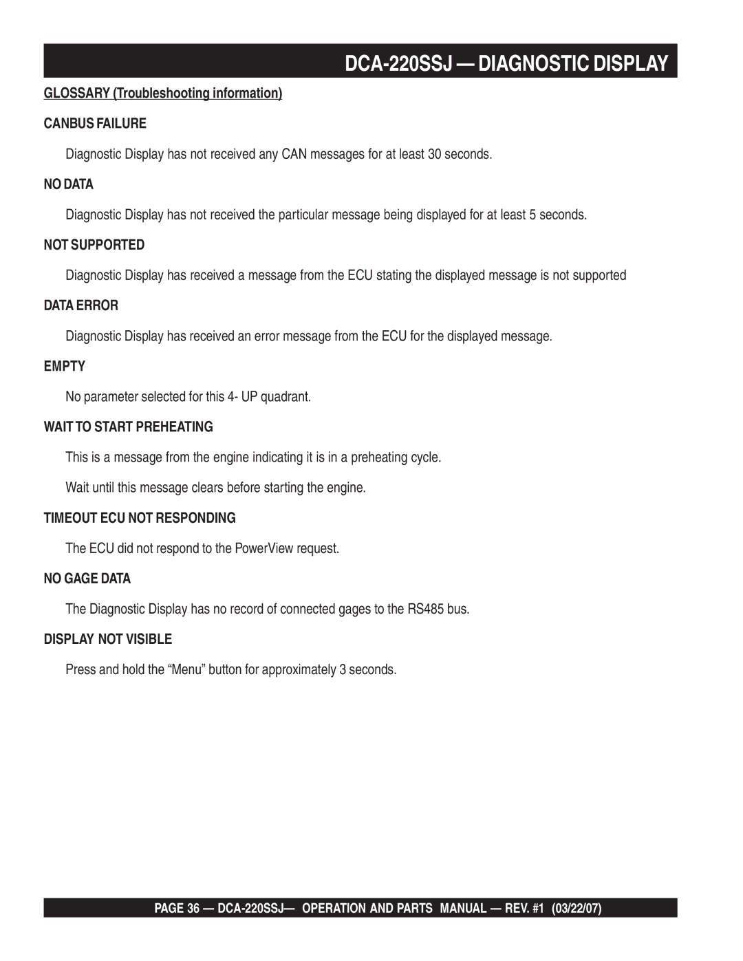 Multiquip operation manual DCA-220SSJ Diagnostic Display, Glossary Troubleshooting information 