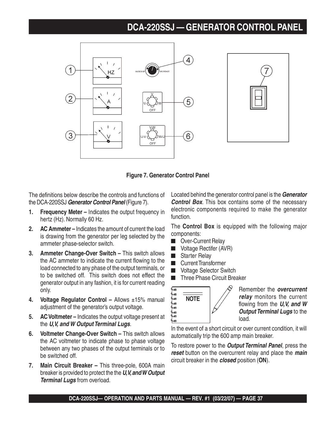 Multiquip operation manual DCA-220SSJ Generator Control Panel 