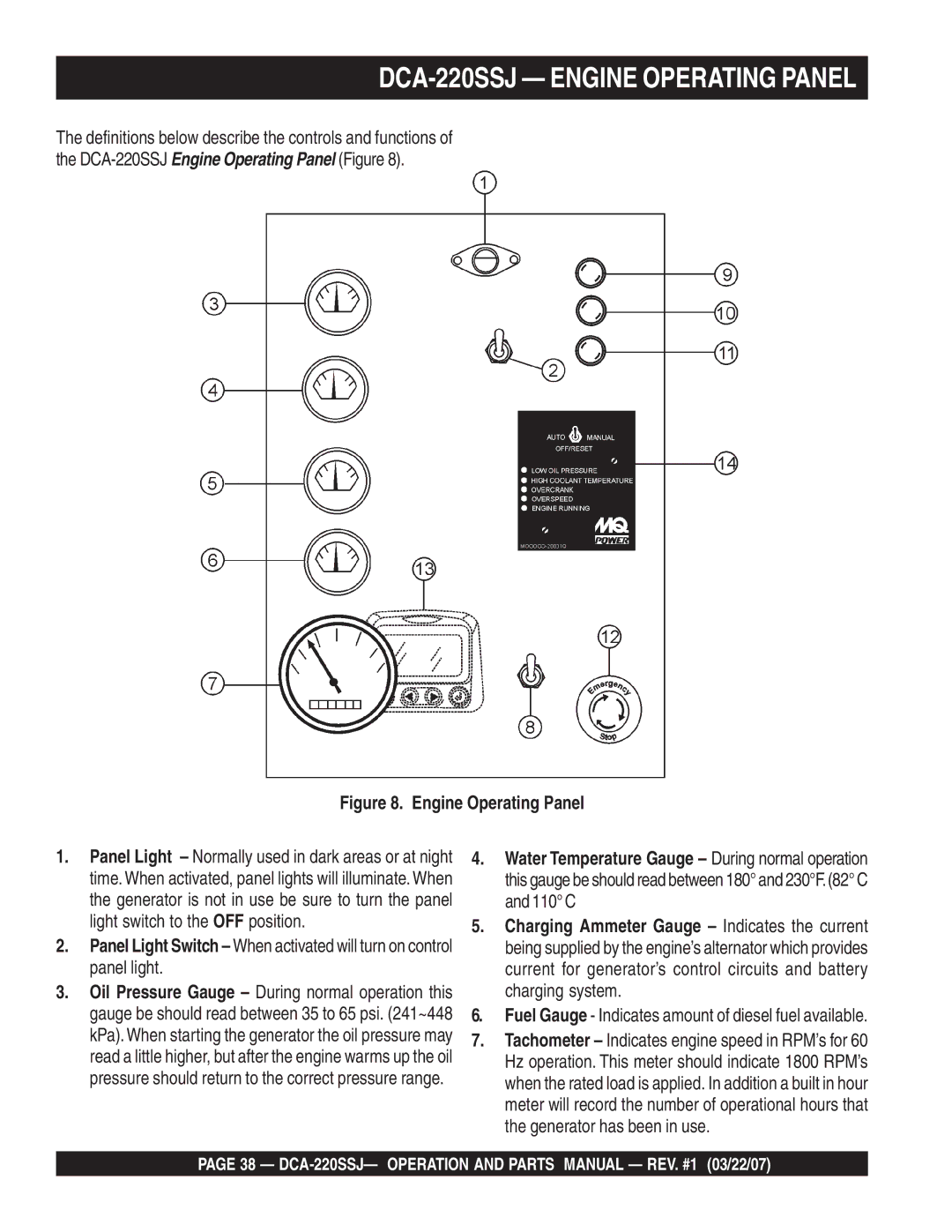 Multiquip operation manual DCA-220SSJ Engine Operating Panel, Fuel Gauge Indicates amount of diesel fuel available 