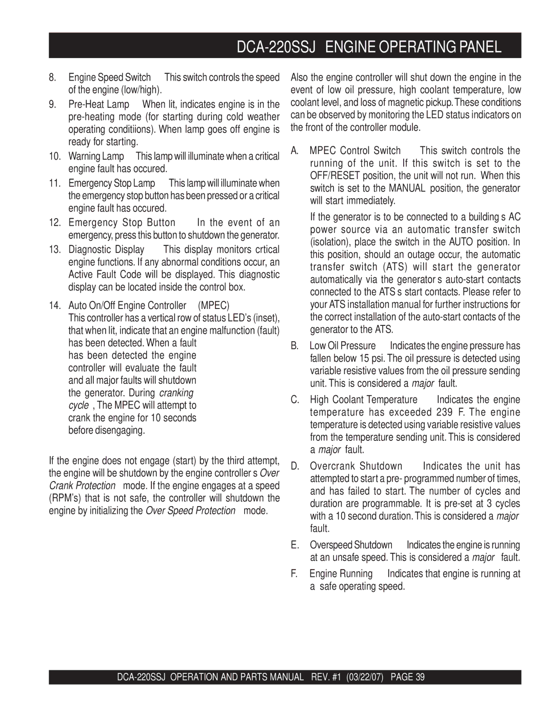 Multiquip operation manual DCA-220SSJ Engine Operating Panel, Auto On/Off Engine Controller Mpec 