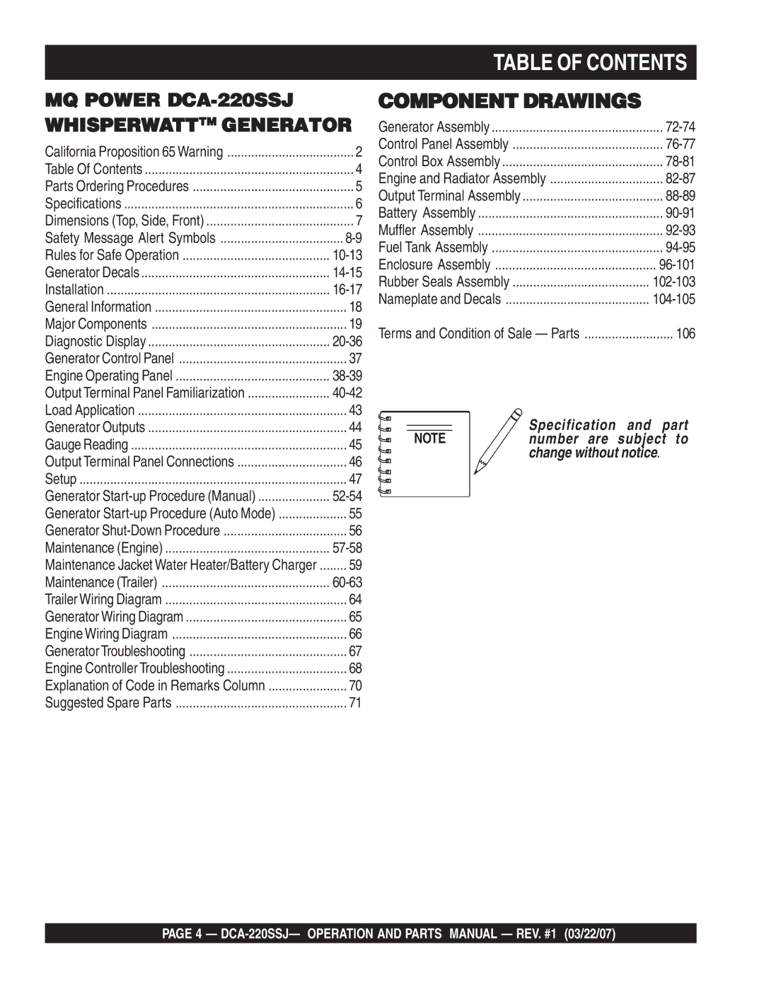 Multiquip DCA-220SSJ operation manual Table of Contents 