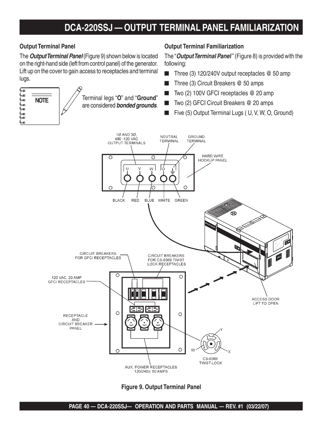 Multiquip operation manual DCA-220SSJ Output Terminal Panel Familiarization, Output Terminal Familiarization 