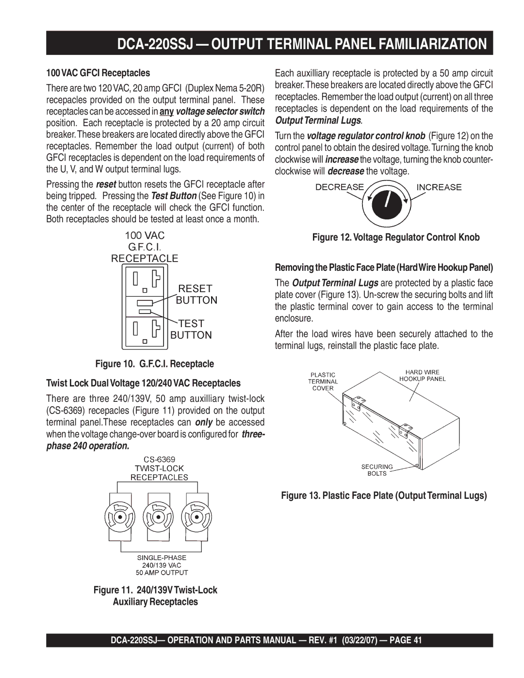 Multiquip operation manual DCA-220SSJ Output Terminal Panel Familiarization, 100VAC Gfci Receptacles 