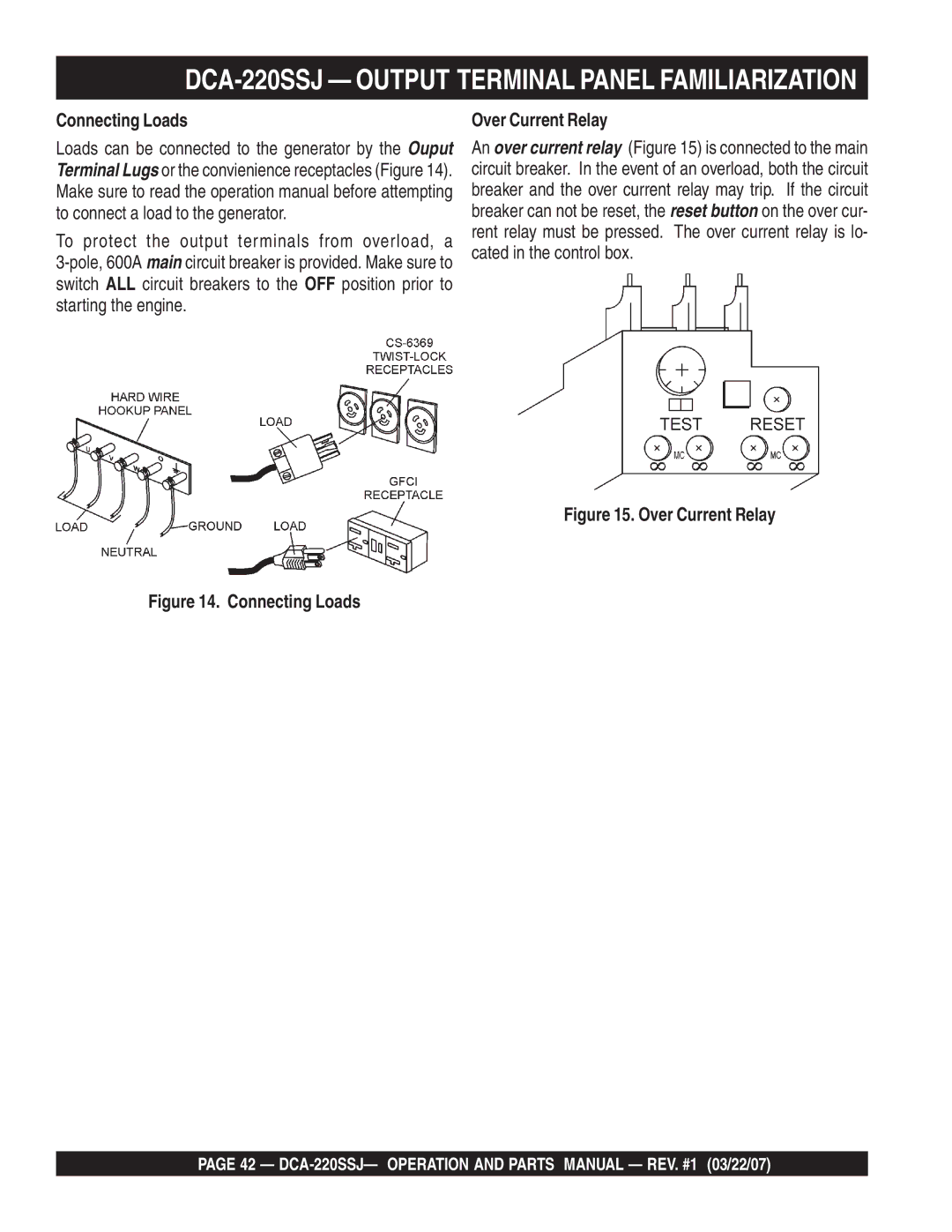 Multiquip DCA-220SSJ operation manual Connecting Loads, Over Current Relay 