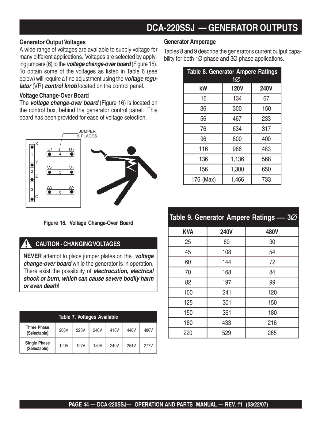 Multiquip operation manual DCA-220SSJ Generator Outputs 