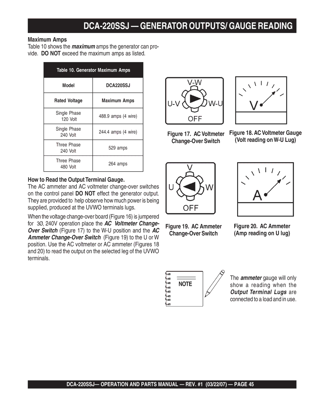 Multiquip DCA-220SSJ Generator OUTPUTS/ Gauge Reading, Maximum Amps, How to Read the Output Terminal Gauge 