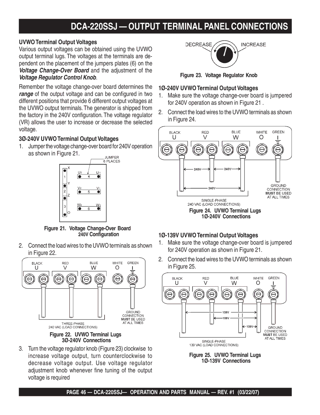 Multiquip operation manual DCA-220SSJ Output Terminal Panel Connections, Uvwo Terminal Output Voltages 