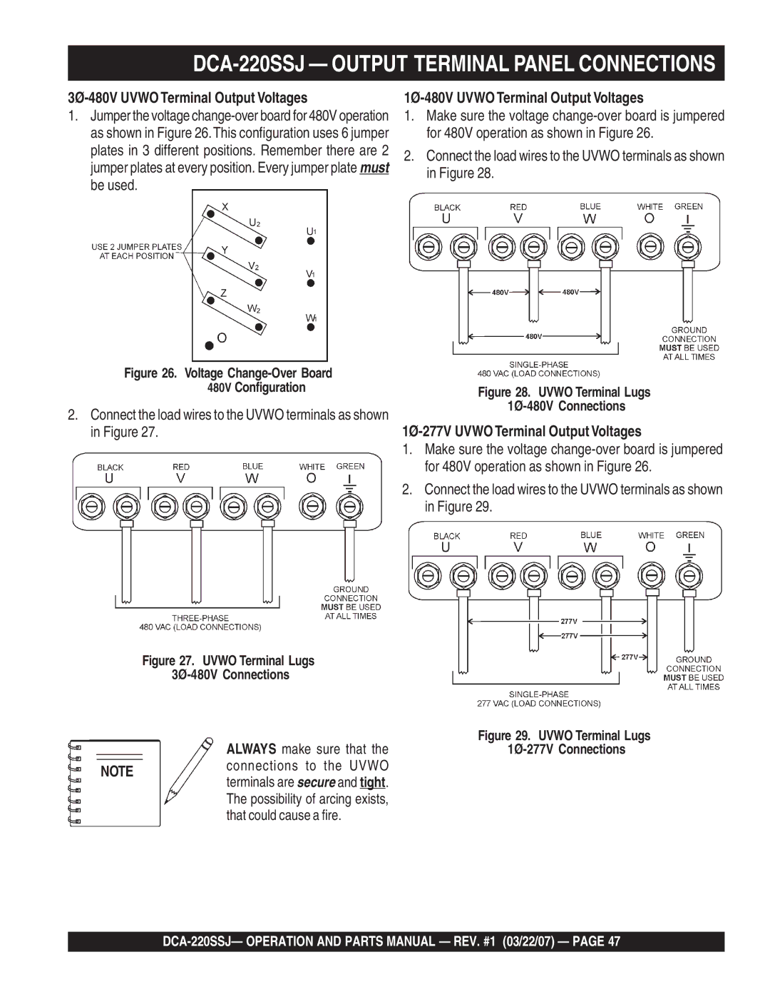 Multiquip operation manual DCA-220SSJ Output Terminal Panel Connections, 3Ø-480V Uvwo Terminal Output Voltages 