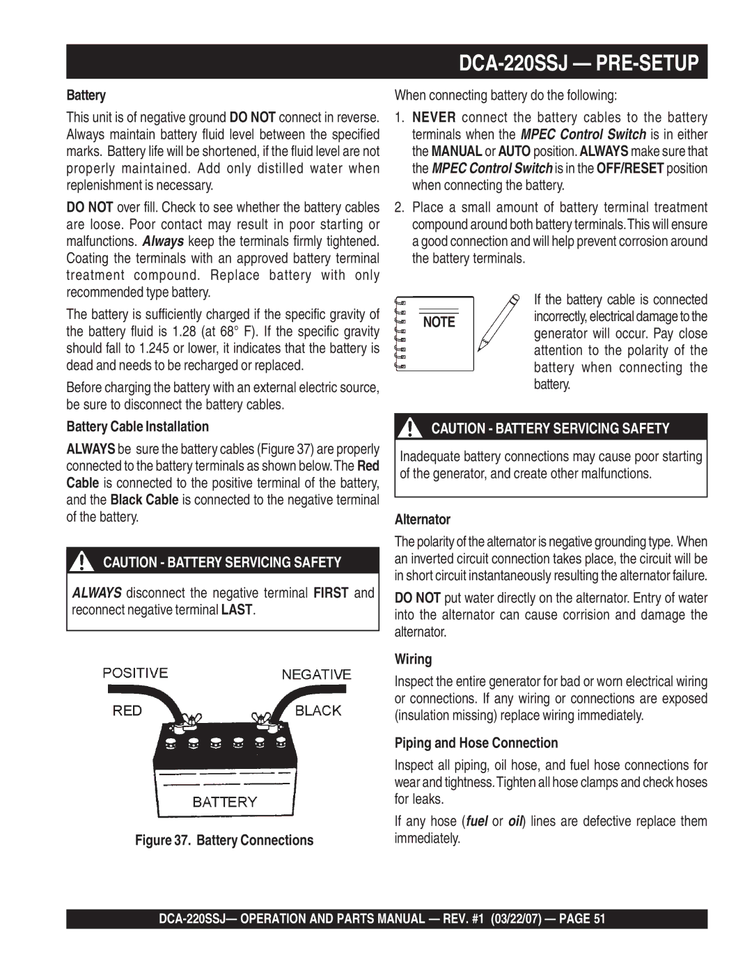 Multiquip DCA-220SSJ operation manual Battery Cable Installation, Alternator, Wiring, Piping and Hose Connection 