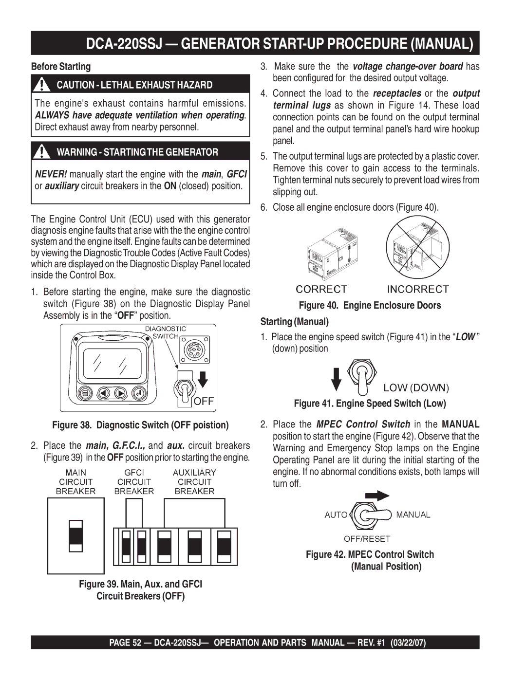 Multiquip DCA-220SSJ Generator START-UP Procedure Manual, Before Starting, Engines exhaust contains harmful emissions 