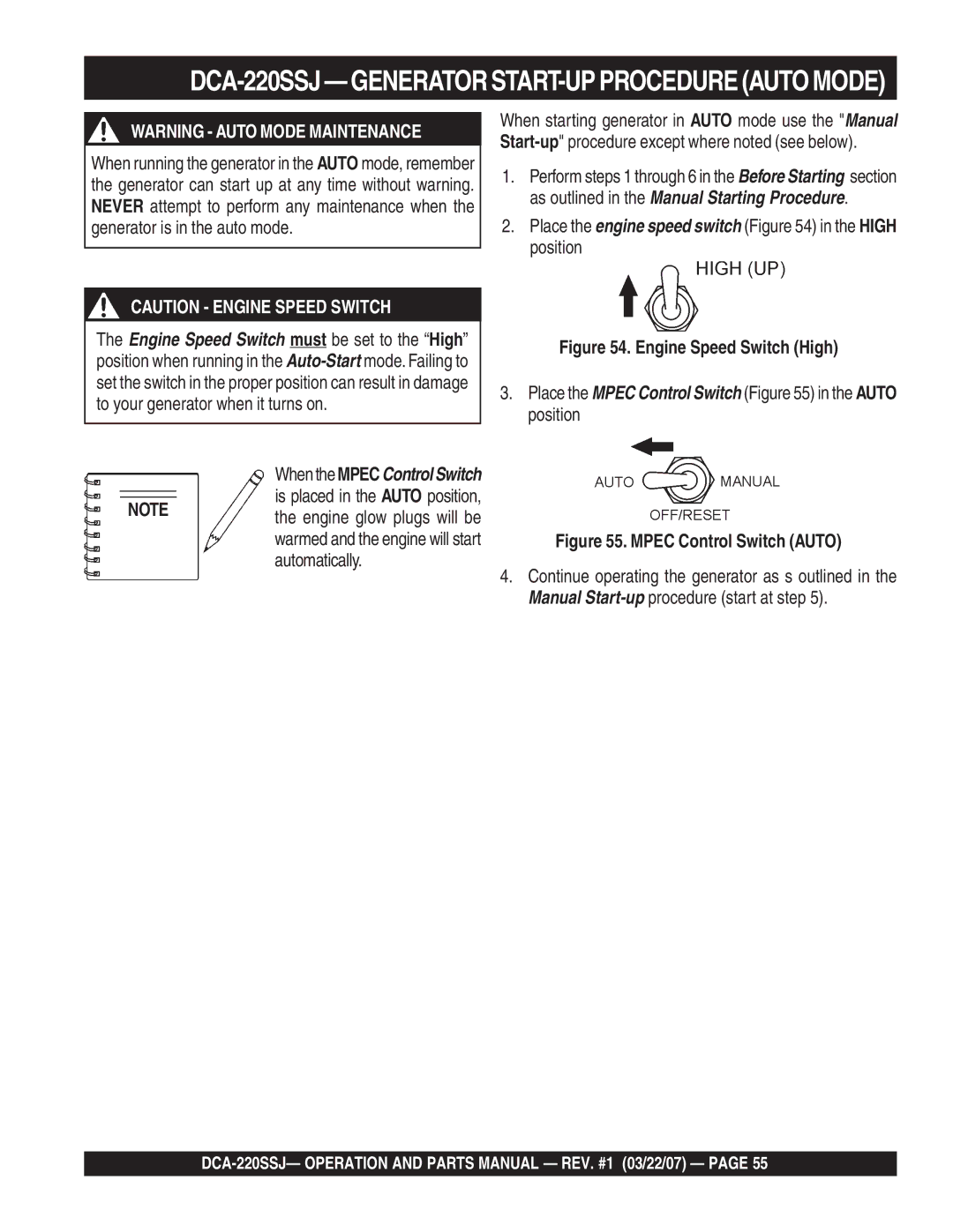 Multiquip DCA-220SSJ operation manual Place the engine speed switch in the High position 