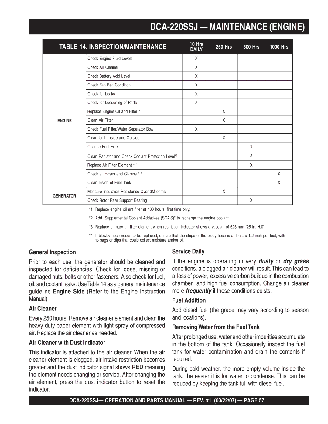 Multiquip operation manual DCA-220SSJ Maintenance Engine 