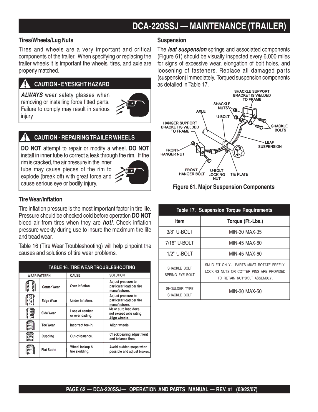 Multiquip DCA-220SSJ operation manual Tires/Wheels/Lug Nuts, TireWear/Inflation, Suspension 