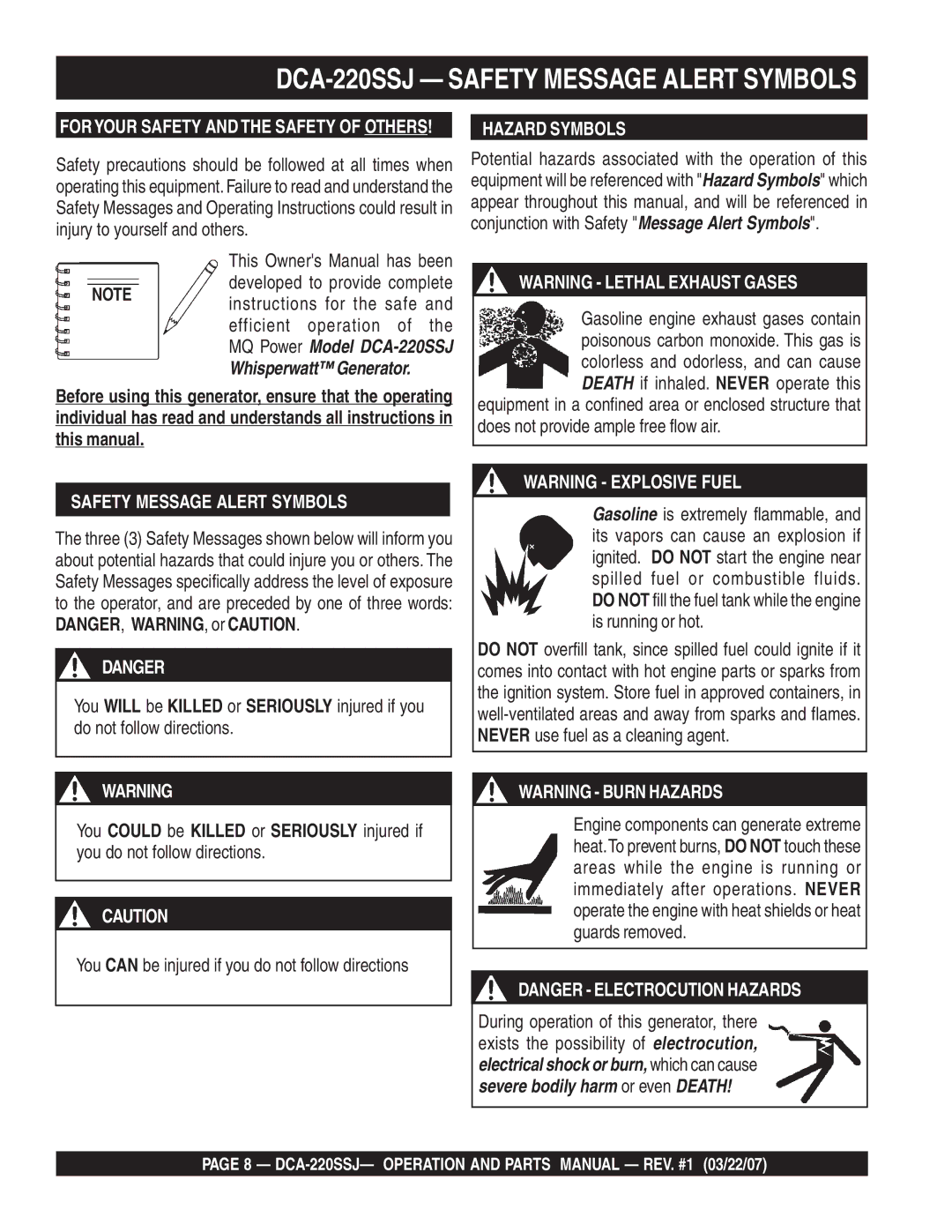 Multiquip operation manual DCA-220SSJ Safety Message Alert Symbols, Hazard Symbols 