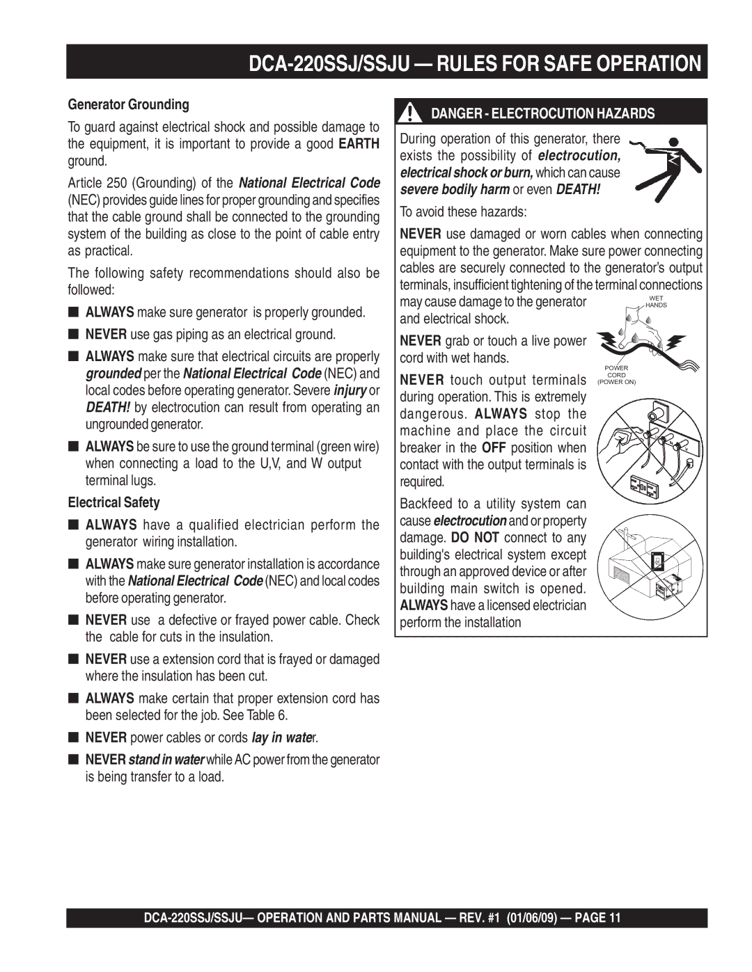 Multiquip operation manual DCA-220SSJ/SSJU Rules for Safe Operation, Generator Grounding, Electrical Safety 