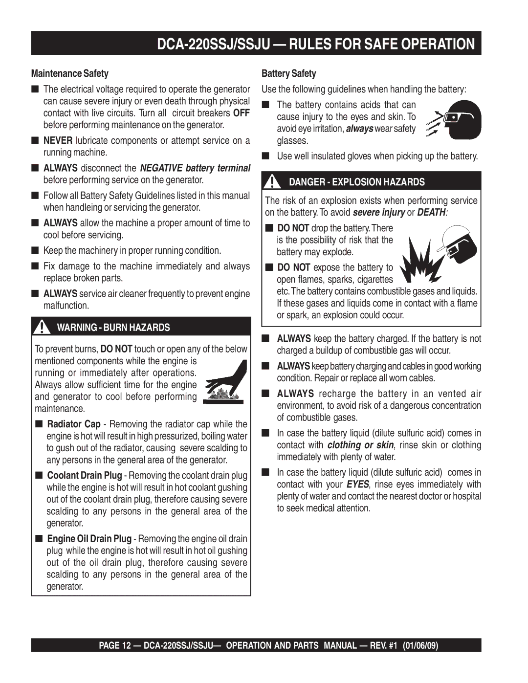 Multiquip DCA-220SSJ operation manual Maintenance Safety, Battery Safety 