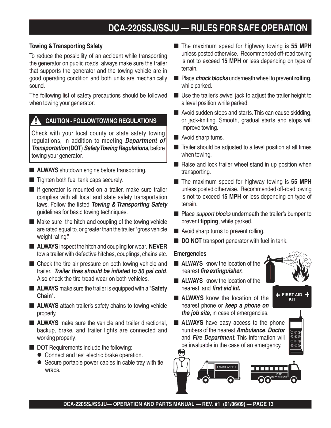 Multiquip DCA-220SSJ operation manual Towing &Transporting Safety, Emergencies 