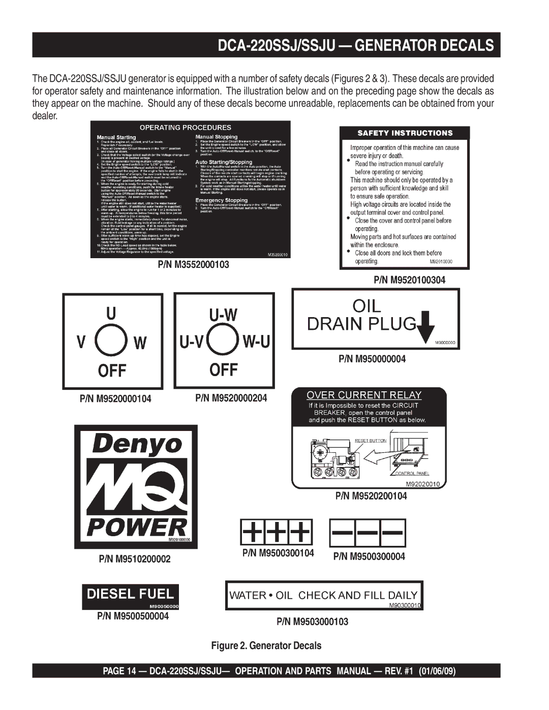 Multiquip operation manual DCA-220SSJ/SSJU Generator Decals 