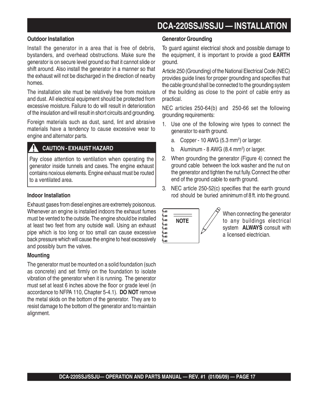 Multiquip operation manual DCA-220SSJ/SSJU Installation, Outdoor Installation, Indoor Installation, Mounting 