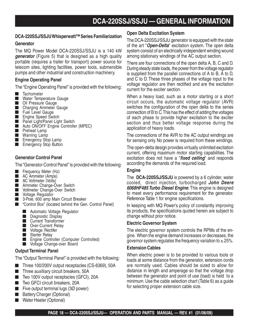 Multiquip operation manual DCA-220SSJ/SSJU General Information 